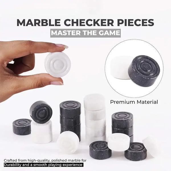 Black and white marble checker pieces close-up — hand holding white marble disc showing concentric ring detail, stacked discs by RADICALn