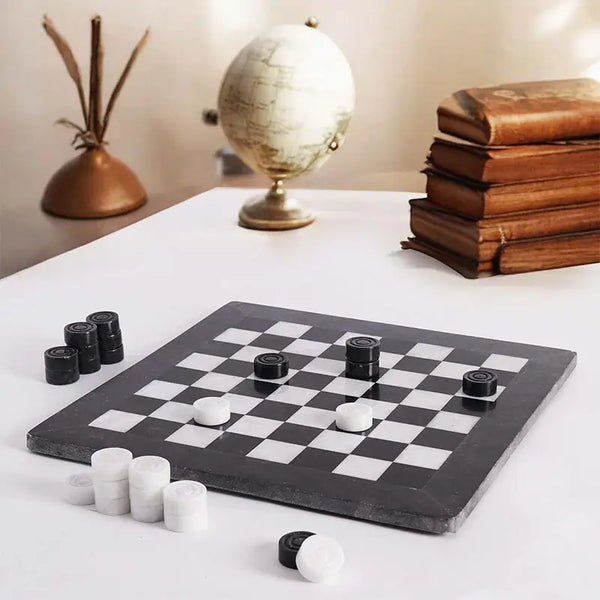 Black and white marble checkers set displayed as home decor — 15-inch natural stone board by RADICALn