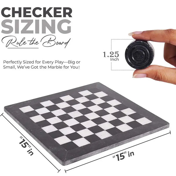 Black and white marble checkers set size guide — 15x15 inch board with 1.25 inch diameter disc measurement by RADICALn