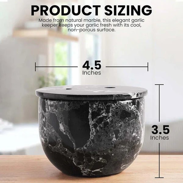 Black zebra marble garlic keeper with vented lid, measuring 4.5 inches wide and 3.5 inches tall
