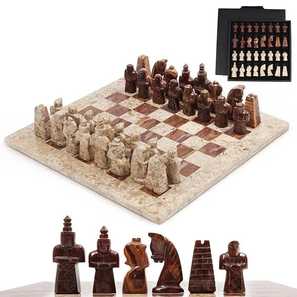 Coral and red antique marble chess set 15 inch — complete set with storage box and medieval figurative pieces lineup by RADICALn