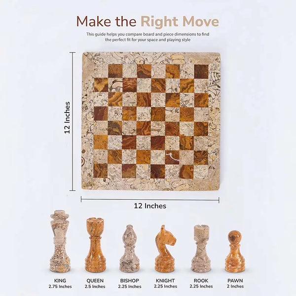 Coral and red marble chess set size guide — 12x12 inch board, king 2.75 inches, queen 2.5 inches, pawn 2 inches by RADICALn