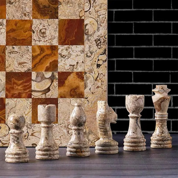 Coral marble chess pieces lineup — pawn bishop knight rook king queen with coral and red board edge by RADICALn