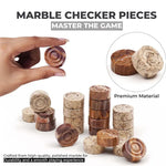 Coral and red marble checker pieces close-up — hand holding red marble disc showing concentric ring detail, stacked discs by RADICALn