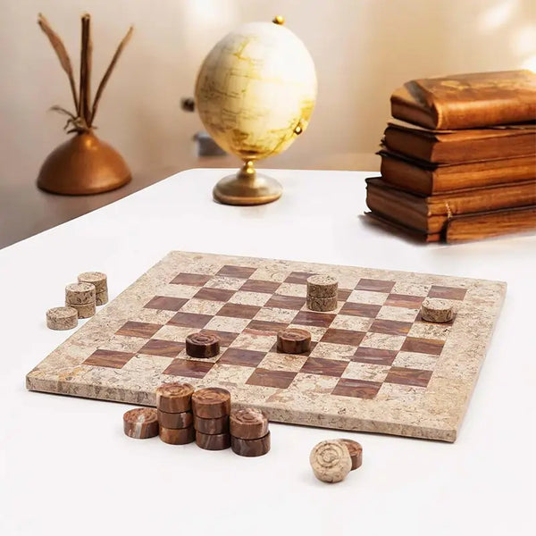 Coral and red marble checkers set displayed as home decor — 15-inch natural stone board by RADICALn