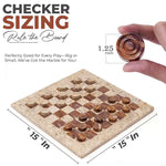Coral and red marble checkers set size guide — 15x15 inch board with 1.25 inch diameter disc measurement by RADICALn