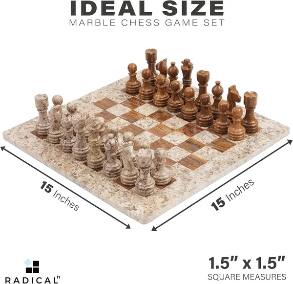 Fossil coral and dark brown marble chess board size guide — 15x15 inch board, individual squares 1.5x1.5 inches by RADICALn