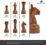 Fossil coral and dark brown marble chess pieces size guide — pawn 2.25 in, bishop 2.75 in, queen 3 in, rook 2.75 in, king 3.5 in, knight 2.75 in by RADICALn