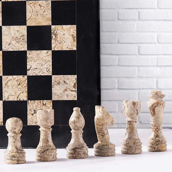 Fossil coral marble chess pieces lineup — pawn bishop knight rook king queen with black board edge by RADICALn