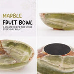 Green onyx marble fruit bowl shown from the side, from above and underneath, showing the veined stone and finished base