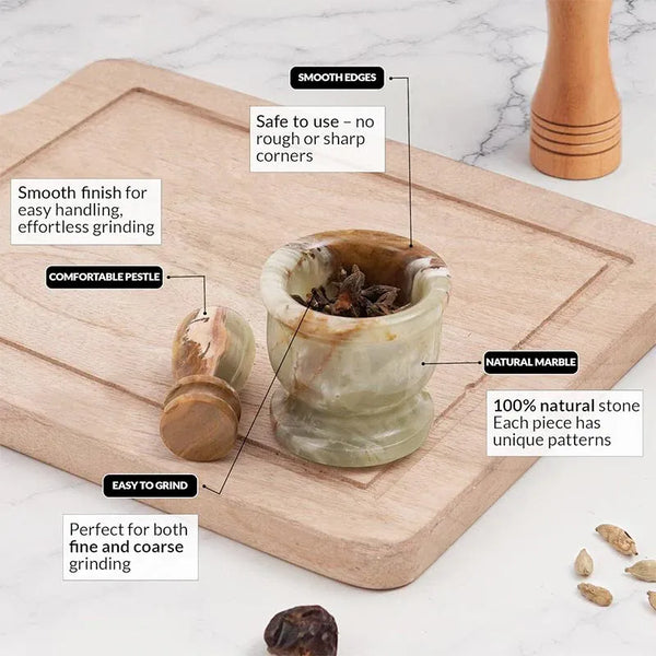 Green onyx marble mortar and pestle features: smooth edges, comfortable pestle and natural stone with unique veining