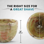 Green onyx marble shaving bowl size guide showing 3 inch height and 4 inch diameter