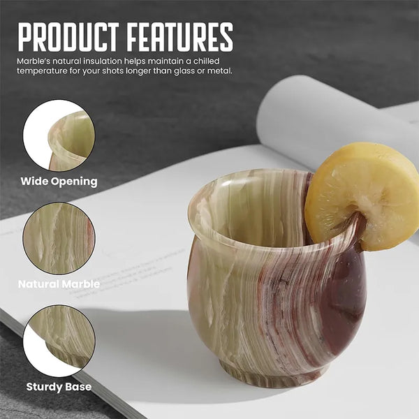 Green onyx marble shot glass features: wide opening, natural stone and sturdy base