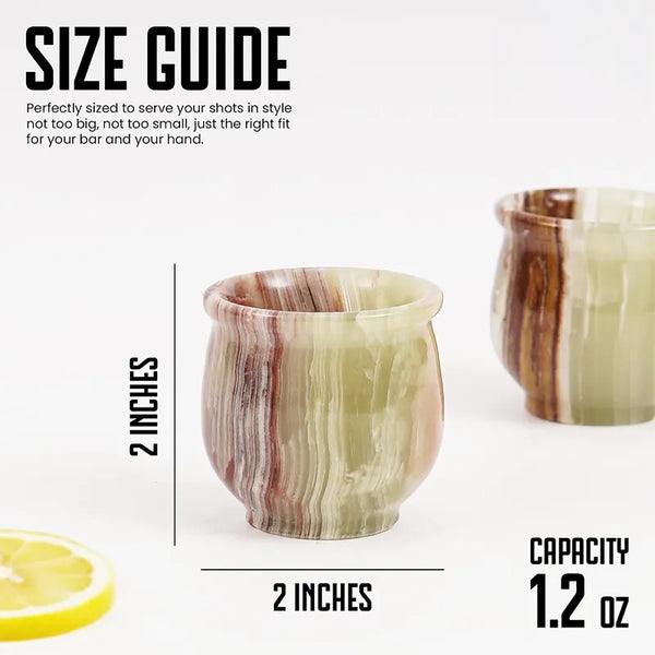 Green onyx marble shot glass size guide: 2 inches tall and wide with 1.2 oz capacity