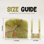 Green onyx marble napkin holder size guide: 6.5 inches wide, 5.5 tall, 2.5 deep