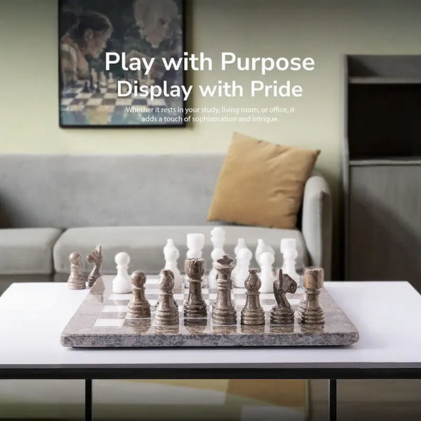 Grey oceanic and white marble chess set 12 inch — all 32 handmade natural stone pieces in starting position by RADICALn