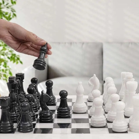 White & Black Marble Chess Set — 15-Inch Handmade Natural Stone