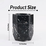 Hexagon black marble utensil holder size guide showing 5.5 inch width and 6.5 inch height
