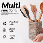 Hexagon oceanic marble utensil holder held in hand, doubling as a wine bottle and flower holder