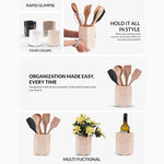 Hexagon verona marble utensil holder in four colors, shown holding utensils, wine and flowers
