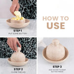 How to use a verona marble butter dish: add butter to the well, close the dome lid, then pour water into the base