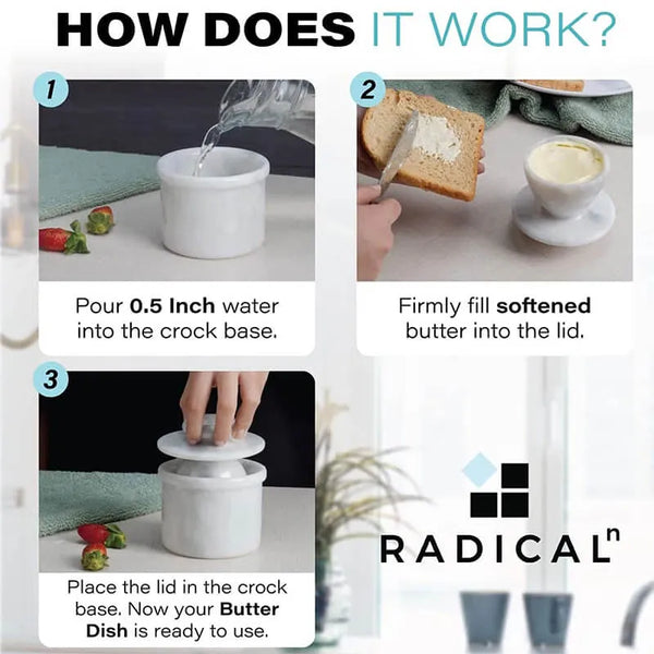 How to use a Radicaln white marble butter keeper: add water, pack butter into the lid, seat the lid in the crock