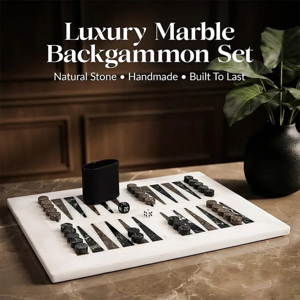 Marble Backgammon Sets for Adults 16" Strategy Board Game(White, Black & Oceanic Stone)