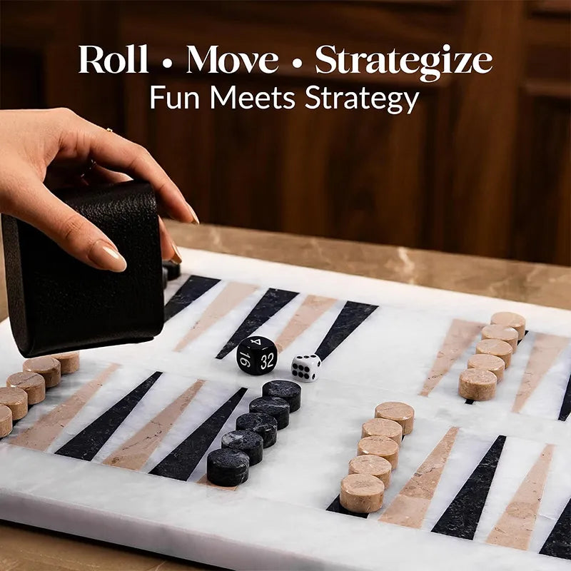 Marble Backgammon Sets for Adults 16" Strategy Board Game(White, Black & Verona Stone)