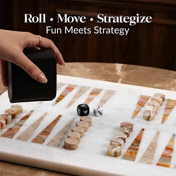 Marble Backgammon Sets for Adults 16" Strategy Board Game(White, Green & Verona Stone)