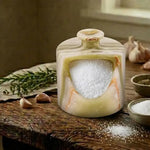 Green onyx marble salt pig filled with Himalayan salt on a rustic wooden table with rosemary and garlic