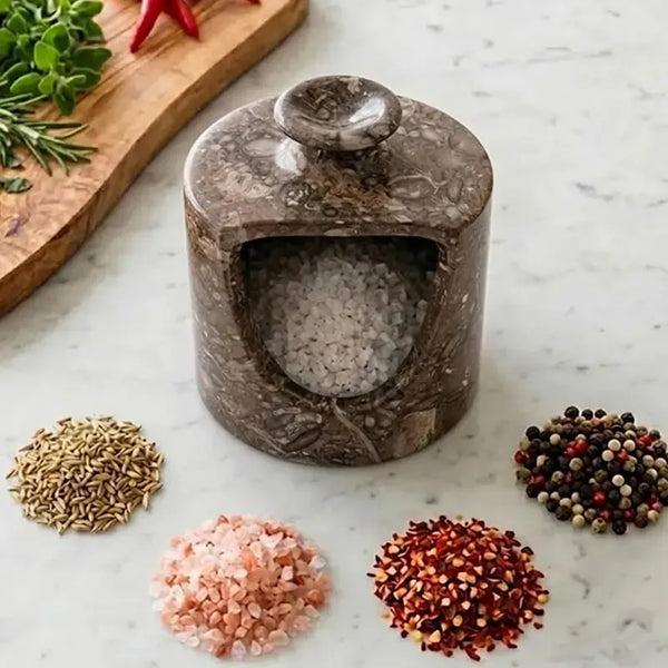 Oceanic marble salt pig with an open front cut-out, surrounded by piles of pink salt, chilli flakes, cumin and peppercorns