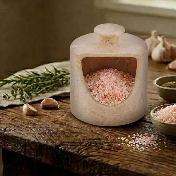 Verona marble salt pig filled with pink Himalayan salt on a rustic wooden table with rosemary and garlic