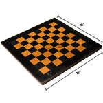 Natural black and coral marble chess board size guide — 15x15 inch board, 64 squares each 1.5x1.5 inches, 0.04 inch thickness by RADICALn
