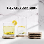 Natural brown octagon marble coasters under two glasses of lemon water and iced tea