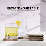 Natural brown square marble coasters under two glasses of lemon water and iced tea