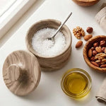 Overhead view of a natural brown marble salt cellar filled with coarse salt, spoon inside and lid resting beside it