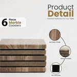Six natural brown marble square coaster plates showing polished edges and felt bottoms