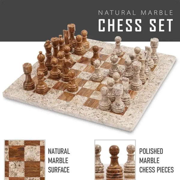 Natural fossil coral and dark brown marble chess board 15 inch — hand-polished alternating stone squares by RADICALn