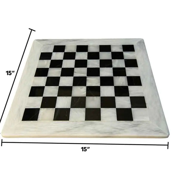 Natural white and black marble chess board size guide — 15x15 inch board, 64 squares each 1.5x1.5 inches, 0.04 inch thickness by RADICALn