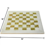 Natural white and green onyx marble chess board size guide — 15x15 inch board, 64 squares each 1.5x1.5 inches, 0.04 inch thickness by RADICALn