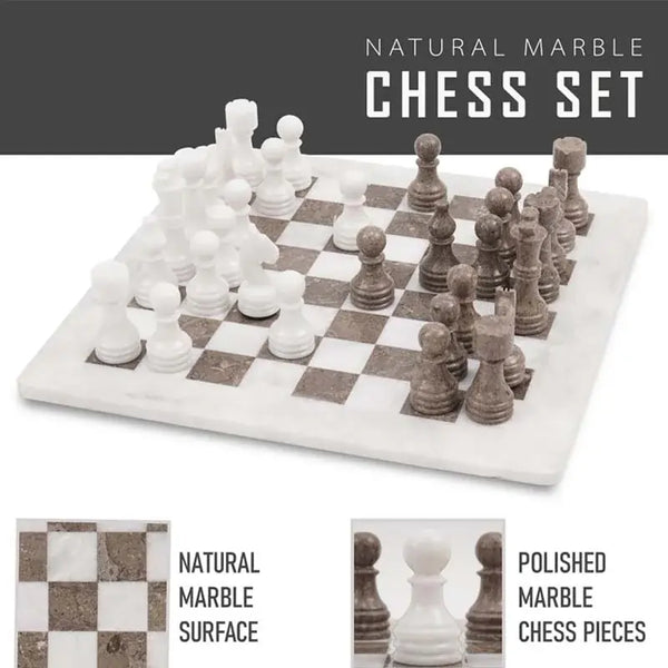 Natural white and oceanic grey marble chess board 15 inch — hand-polished alternating stone squares by RADICALn