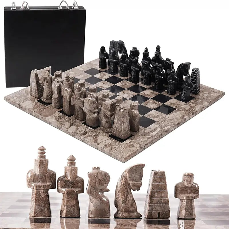 Oceanic and black antique marble chess set 15 inch — complete set with storage box and medieval figurative pieces lineup by RADICALn