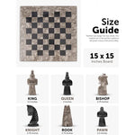 Oceanic and black antique marble chess set size guide — 15x15 inch board, king 3.5 inches, queen 3 inches, pawn 2.5 inches by RADICALn