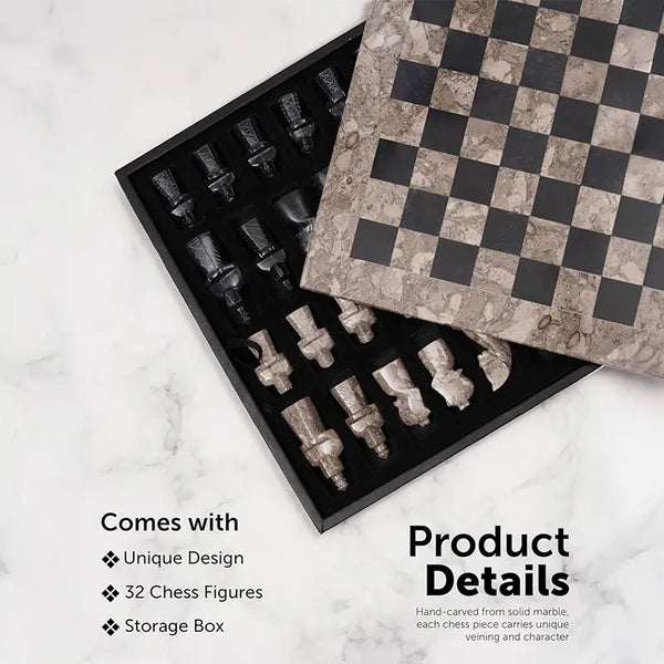 Oceanic and black antique marble chess set storage box — board lifted showing 32 medieval figurative pieces in fitted compartments by RADICALn