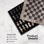 Oceanic and black antique marble chess set storage box — board lifted showing 32 medieval figurative pieces in fitted compartments by RADICALn