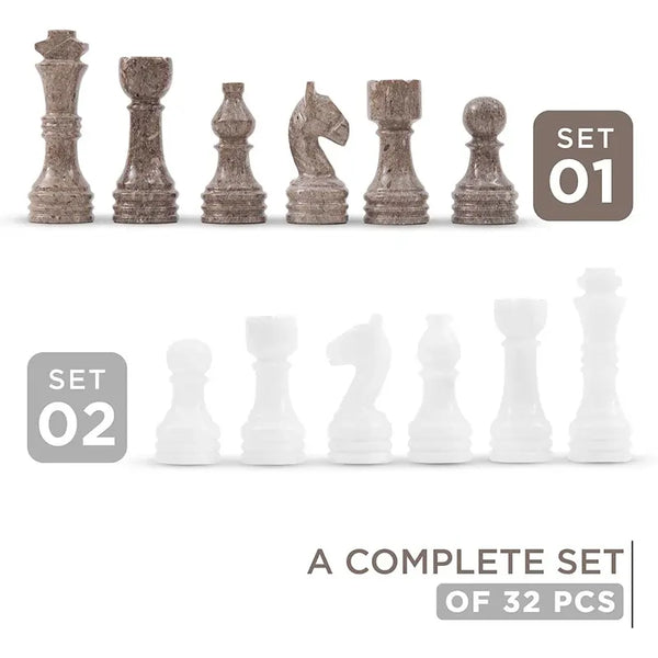 Oceanic grey and white chess pieces size guide — king 3.5 inches, queen 3 inches, weights by piece by RADICALn