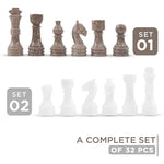 Oceanic grey and white chess pieces size guide — king 3.5 inches, queen 3 inches, weights by piece by RADICALn
