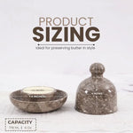 Oceanic marble butter dish set dimensions: 6 inch base, 5 inch dome lid and 6 oz capacity, shown with spreader knife