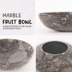 Oceanic marble fruit bowl shown from the side, from above and underneath, showing the veined stone and finished base