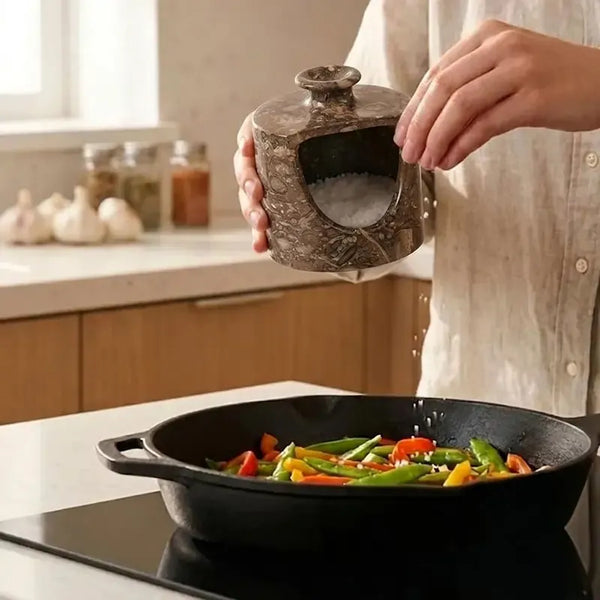 Oceanic marble salt pig held in hand pouring salt into a pan of vegetables on the stove